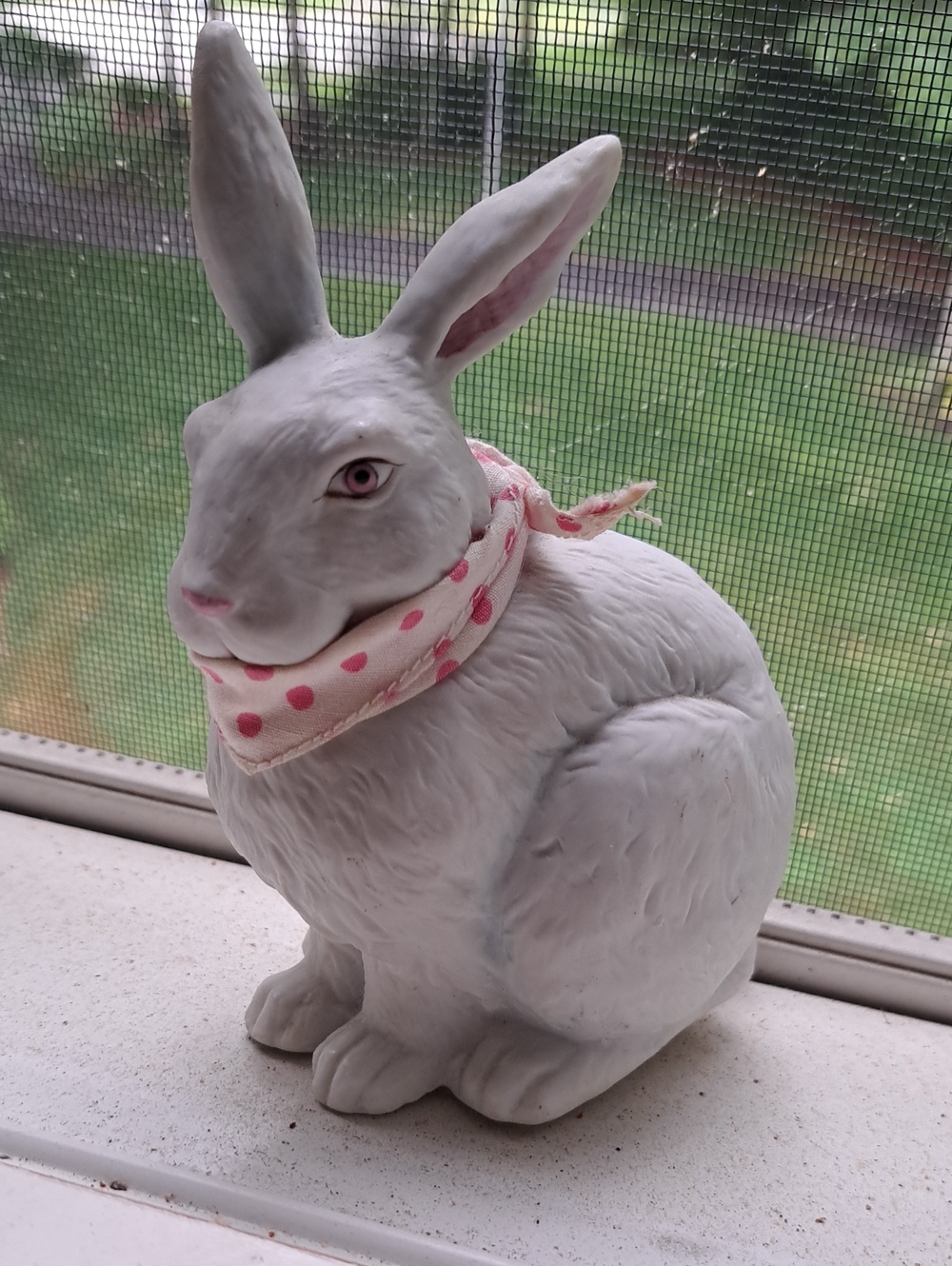 Gorham White Bunny Figurine Bank with Pink Polka Dot Scarf